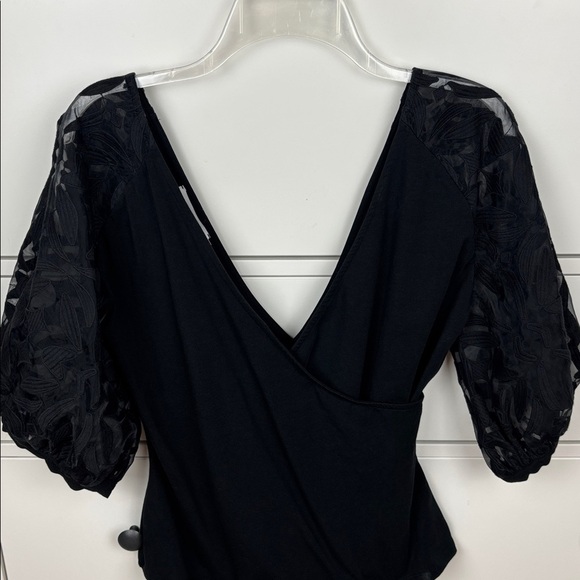 Anne Fontaine V Neck Black Pima Cotton Blend Lace Puff Sleeve Blouse - 44/US12 - Picture 1 of 11